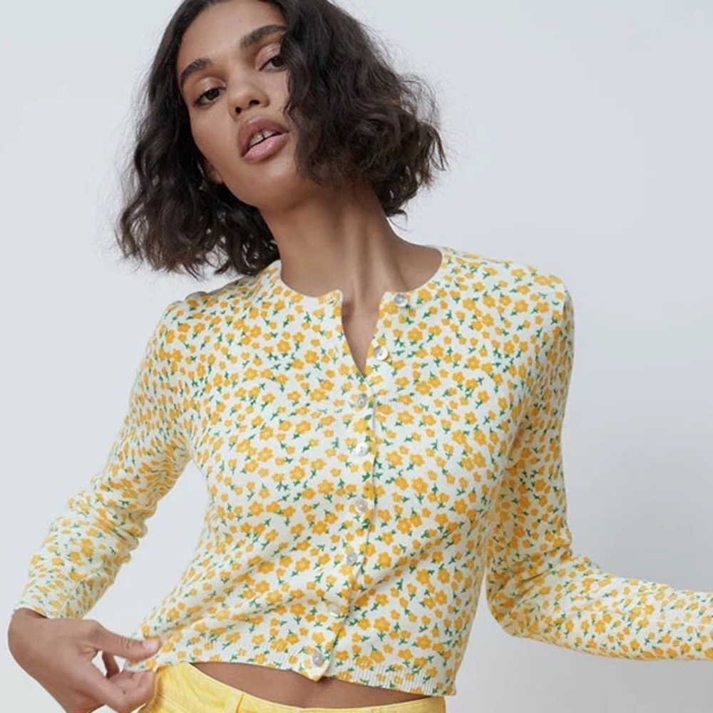 Zara Yellow Floral Jacquard Knit Cardigan